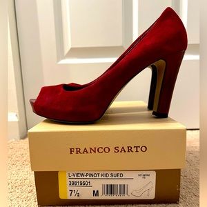 Franco Sarto, Pinot Red Kid Suede Peep-Toe Heels, 7 1/2M